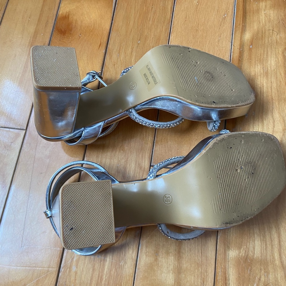 Silver Rhinestone Block Heel Sandals - Picture 4 of 4